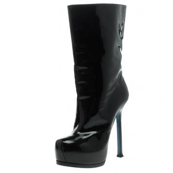 Pre Owned Saint Laurent Paris Black Patent Leather Tribtoo 105 Platform Ankle Boots Size 37.5