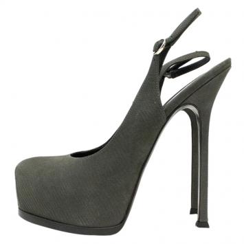 Pre Owned Saint Laurent Paris Grey Embossed Leather Tribtoo Platform Slingback Sandals Size 38.5