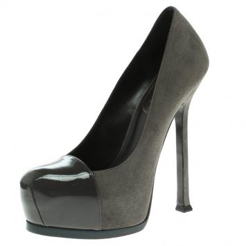 Pre Owned Saint Laurent Paris Grey Suede And Patent Leather Cap Toe Tribtoo Platform Pumps Size 35.5