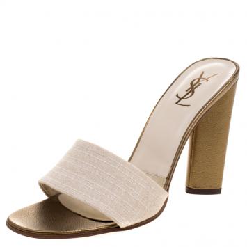 Pre Owned Saint Laurent Paris Cream Tweed Block Heel Slides Size 39