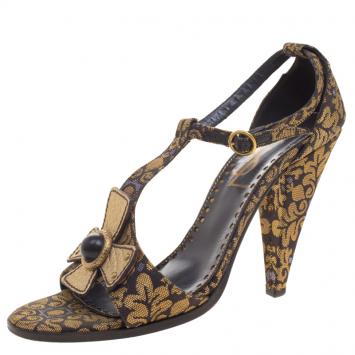 Pre Owned Saint Laurent Paris Gold Brocade T-Strap Sandals Size 39