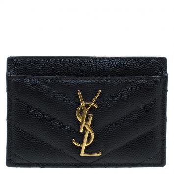 Pre Owned Saint Laurent Paris Black Quilted Leather Logo Card Holder