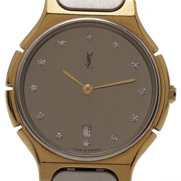 Pre Owned Saint Laurent Paris Grey Gold-Plated Stainless Steel Classic Women's Wristwatch 30MM