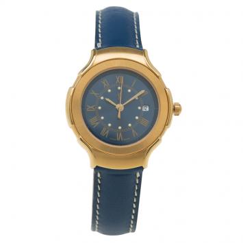 Pre Owned Saint Laurent Paris Blue Gold-Plated Stainless Steel Classic Women's Wristwatch 28MM