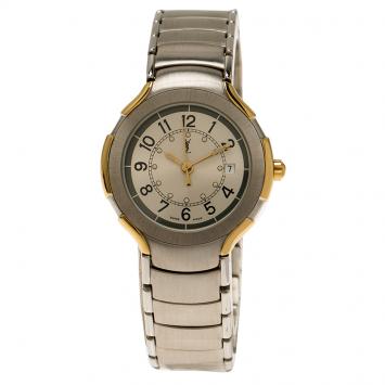 Pre Owned Saint Laurent Paris Silver Gold-Plated Stainless Steel Classic Women's Wristwatch 28MM