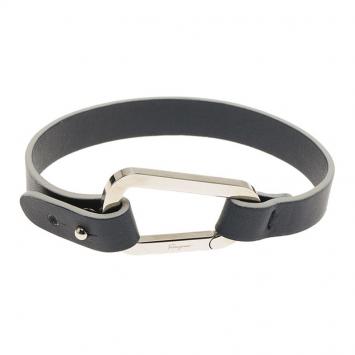 Pre Owned Salvatore Ferragamo Navy Blue Leather Silver Tone Bracelet