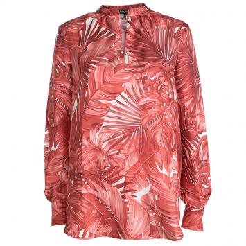 Pre Owned Salvatore Ferragamo Red Leaf Printed Silk Long Sleeve Blouse S