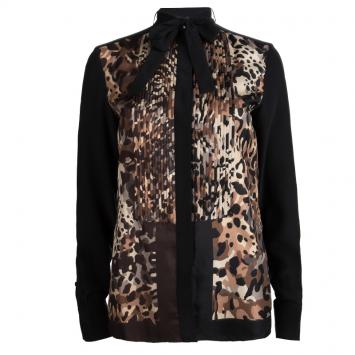 Pre Owned Salvatore Ferragamo Camouflage Printed Silk Pintuck Detail Blouse S