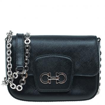 Pre Owned Salvatore Ferragamo Black Saffiano Leather Paris Crossbody Bag
