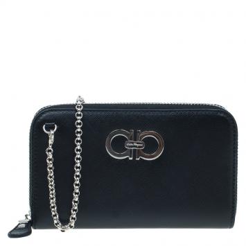Pre Owned Salvatore Ferragamo Black Leather Double Gancio Zip-Around Wallet on Chain