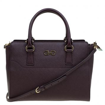 Pre Owned Salvatore Ferragamo Burgundy Leather Small Beky Tote