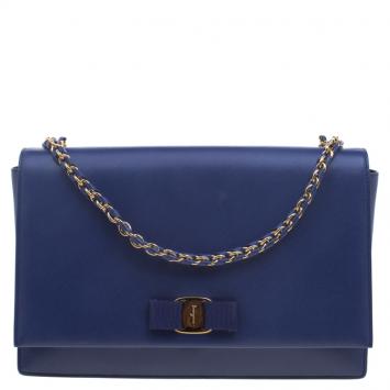 Pre Owned Salvatore Ferragamo Blue Saffiano Leather Vara Shoulder Bag