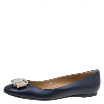 Pre Owned Salvatore Ferragamo Blue Leather Ninna Kangaroo Bow Ballet Flats Size 40.5