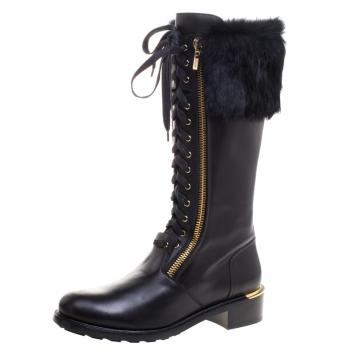 Pre Owned Salvatore Ferragamo Black Leather And Fur Trim Lapo Tall Combat Boots Size 40