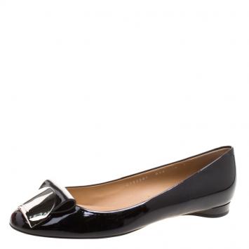 Pre Owned Salvatore Ferragamo Black Patent Posi Flats Size 40.5