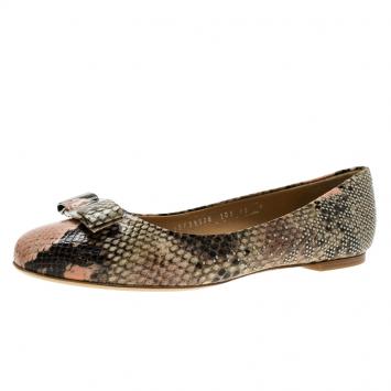Pre Owned Salvatore Ferragamo Beige Python Embossed Varina Studded Bow Ballet Flats Size 40.5 