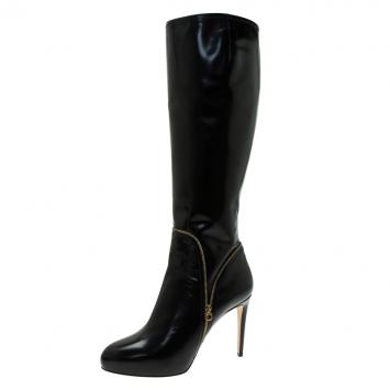 Pre Owned Salvatore Ferragamo Black Patent Zip Detail Tall Boots Size 40