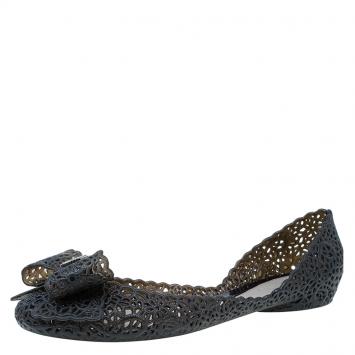 Pre Owned Salvatore Ferragamo Black Cutout Jelly Nilly Bow Ballet Flats Size 39.5