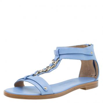 Pre Owned Salvatore Ferragamo Light Blue Leather Moe Chain Detail Flat Sandals Size 37.5