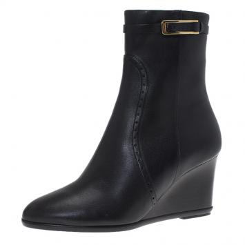 Pre Owned Salvatore Ferragamo Black Leather Navy Ankle Boots Size 39.5