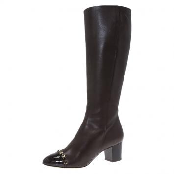 Pre Owned Salvatore Ferragamo Brown Leather Cap Toe Nanni Knee Boots Size 38.5