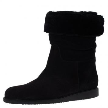 Pre Owned Salvatore Ferragamo Black Suede and Shearling 'My Ease' Mid Calf Boots Size 40.5