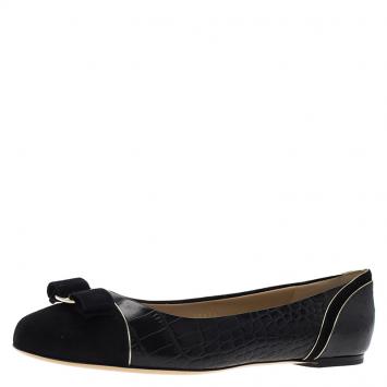 Pre Owned Salvatore Ferragamo Black Leather and Suede Varina Luxury Ballet Flats Size 40