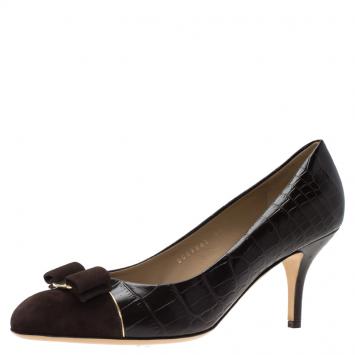 Pre Owned Salvatore Ferragamo Brown Croc and Ostrich Embossed Leather Carla Pumps Size 40