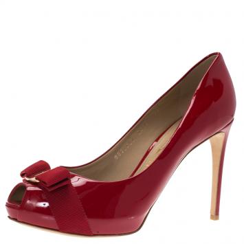 Pre Owned Salvatore Ferragamo Red Patent Plum Peep Toe Platform Pumps Size 40