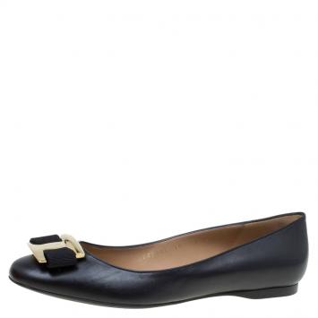Pre Owned Salvatore Ferragamo Black Leather Ninna Kangaroo Bow Ballet Flats Size 39.5