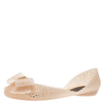 Pre Owned Salvatore Ferragamo Cream Nilly Jelly Bow Ballet Flats Size 40.5