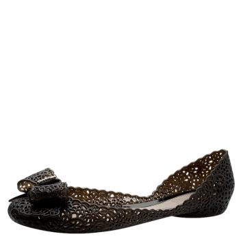 Pre Owned Salvatore Ferragamo Black Nilly Jelly Bow Ballet Flats Size 36.5