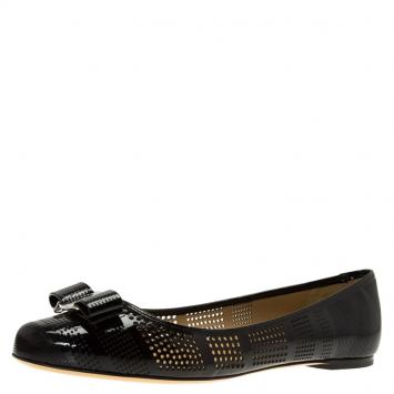 Pre Owned Salvatore Ferragamo Black Patent Perforated Leather Varina Ballet Flats Size 41