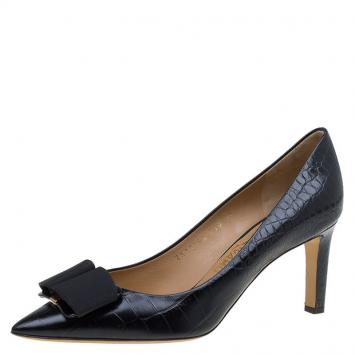 Pre Owned Salvatore Ferragamo Black Croc Embossed Leather Mimi Bow Pumps Size 40.5