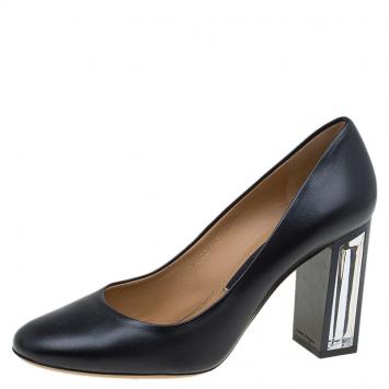 Pre Owned Salvatore Ferragamo Black Leather Ninfea Lucite Block Heel Pumps Size 40.5