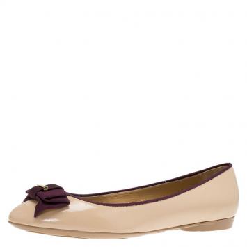 Pre Owned Salvatore Ferragamo Beige and Purple Leather My Knot Ballet Flats Size 40 