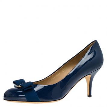 Pre Owned Salvatore Ferragamo Blue Patent Carla Vara Bow Pumps Size 40