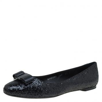 Pre Owned Salvatore Ferragamo Black Glitter Varina Bow Ballet Flats Size 40