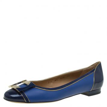 Pre Owned Salvatore Ferragamo Blue Leather And Suede Missy Ballet Flats Size 40.5