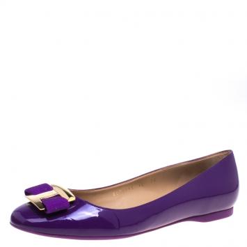 Pre Owned Salvatore Ferragamo Purple Patent Leather Ninna Kangaroo Bow Ballet Flats Size 40.5