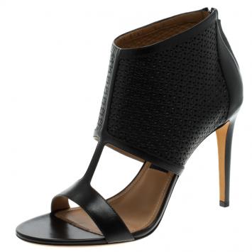 Pre Owned Salvatore Ferragamo Black Embossed Leather Pacella Open-Toe Booties Size 39.5