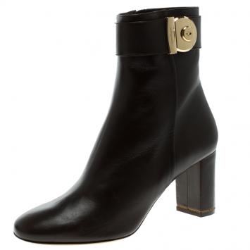 Pre Owned Salvatore Ferragamo Dark Brown Leather Fiamma Ankle Boots Size 40.5