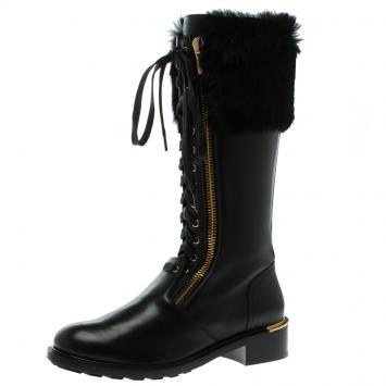 Pre Owned Salvatore Ferragamo Black Leather And Fur Trim Lapo Combat Boots Size 38