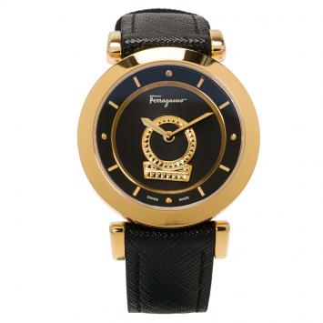 Pre Owned Salvatore Ferragamo Black Gold-Plated Stainless Steel Minuetto Women's Wristwatch 36MM