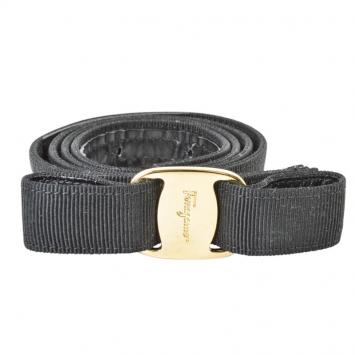 Pre Owned Salvatore Ferragamo Black Leather and Canvas Vara Bow Belt 80 CM