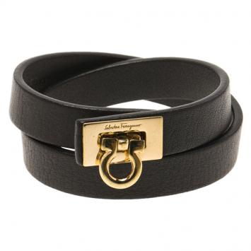 Pre Owned Salvatore Ferragamo Gancini Black Leather Gold Tone Wrap Bracelet 16cm