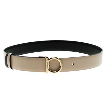 Pre Owned Salvatore Ferragamo Beige/Black Leather Single Gancio Reversible Belt 70CM