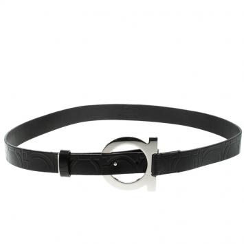 Pre Owned Salvatore Ferragamo Black Leather and Suede Logo Buckle Belt 80 CM