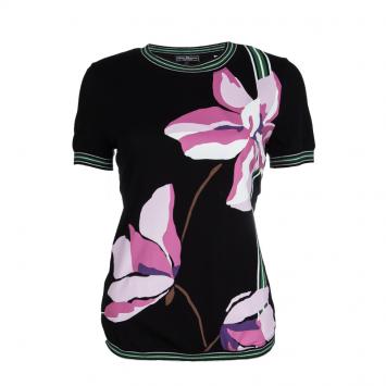 Pre Owned Salvatore Ferragamo Black Cotton Floral Printed Contrast Trim Short Sleeve Top S