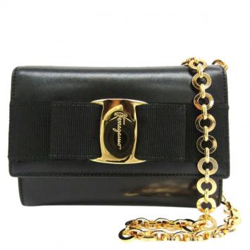 Pre Owned Salvatore Ferragamo Black Leather Mini Vara Chain Shoulder Bag